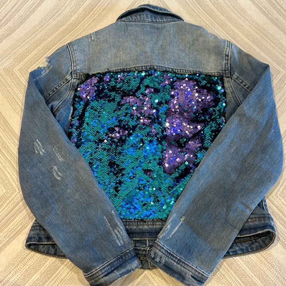 Tractr Girls Sequins Back Patch Denim Distressed Jacket - Size L